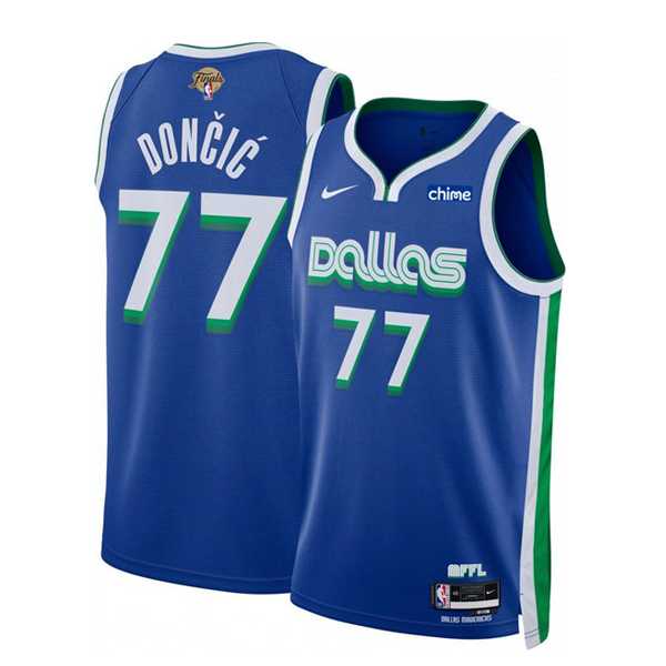 Mens Dallas Mavericks #77 Luka Doncic Blue 2024 Finals City Edition Stitched Basketball Jersey Dzhi